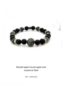 Bracelet agate mousse, agate noire et perle de Tahiti BRAM18G