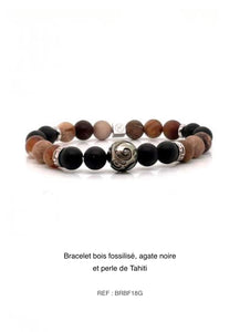 Bracelet agate noire, bois fossilisé et perle de Tahiti 8mm BRBF18G